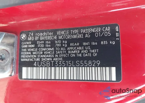 2005 BMW Z4 2.5I из США, поврежденный, VIN 4USBT33515LS55829